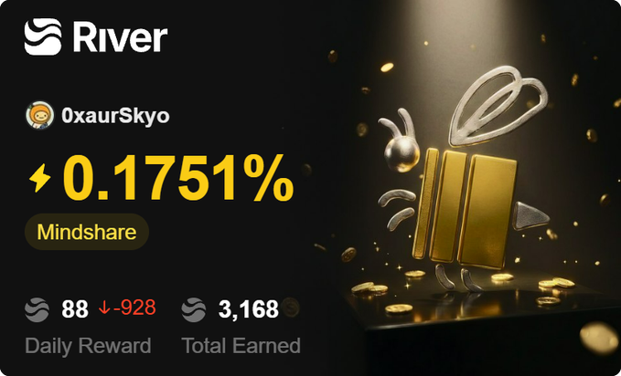 The image features a poster for a social media platform called River, which has been described as "a cool new way to share data". The poster includes an illustration of a bee with gold wings, surrounded by gold coins, symbolizing the value and importance of sharing information on this platform. The text in the image also mentions that users can earn rewards through Mindshare, highlighting the benefits of using River for data sharing.