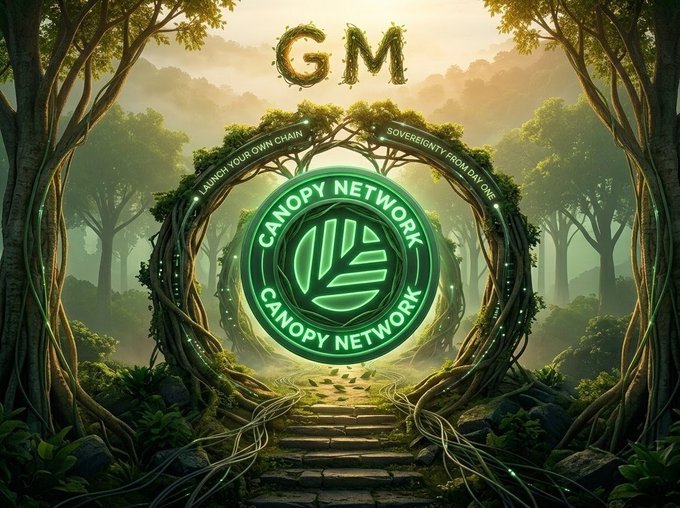 Good Morning! 🌿 The image features a mystical forest scene with intertwined tree branches forming an archway, displaying "GM," "LAUNCH YOUR OWN CHAIN," "SOVEREIGNTY FROM DAY ONE," and the glowing green "CANOPY NETWORK" (@CNPYNetwork) logo—visually reinforcing the post's message about launching sovereign, application-specific blockchains through Canopy's Nested Chain architecture.