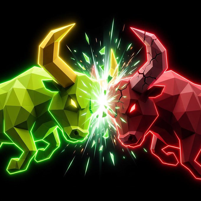 Two neon-edged low-poly bulls—one glowing green, one cracked and red with a yellow horn—ram head-on in a clash of sparks, visually dramatizing the "buy before the mega run" hype post pitching the meme token $HORNS.