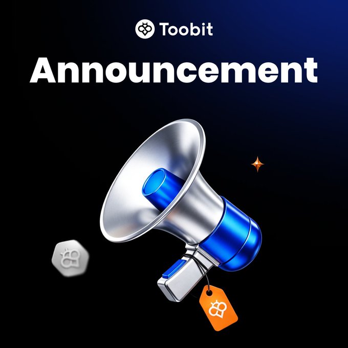 A promotional graphic for Toobit featuring a blue and silver megaphone with the word 'Announcement' displayed prominently.