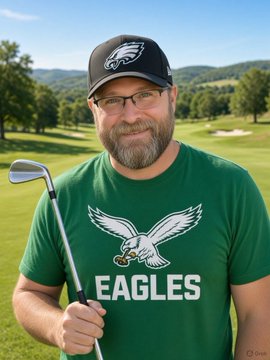 A man wearing glasses, a Philadelphia Eagles cap, and a green Eagles t-shirt, holding a golf club on a golf course.