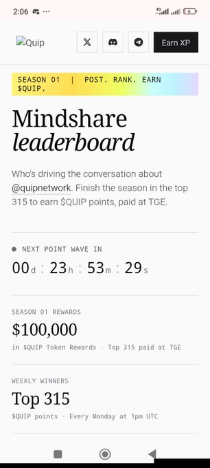 A mobile app screen for "Quip" showing a "Mindshare leaderboard" for Season 01 with a post rank to earn $QUIP, featuring a $100,000 prize for Top 315 finishers, a weekly winner selection, and a countdown timer showing approximately 23 hours, 53 minutes until the next point wave.
