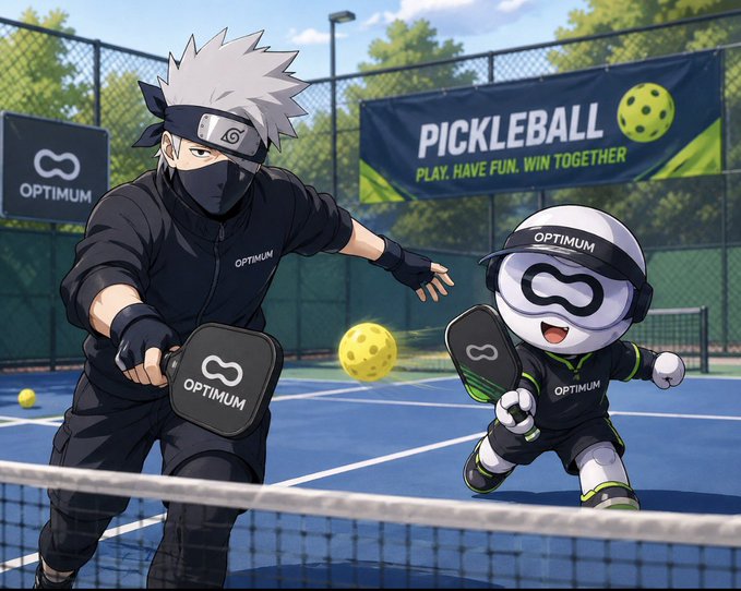 Anime-style illustration of a ninja-like character playing pickleball alongside a white mascot, with banners reading 'OPTIMUM' and 'PICKLEBALL PLAY. HAVE FUN. WIN TOGETHER' in the background.