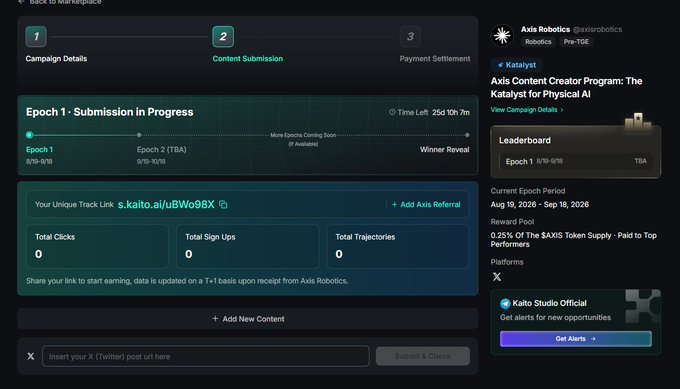 A dashboard for the 'Axis Content Creator Program: The Katalyst for Physical AI' showing Epoch 1 submission progress with zero total clicks, sign-ups, and trajectories.