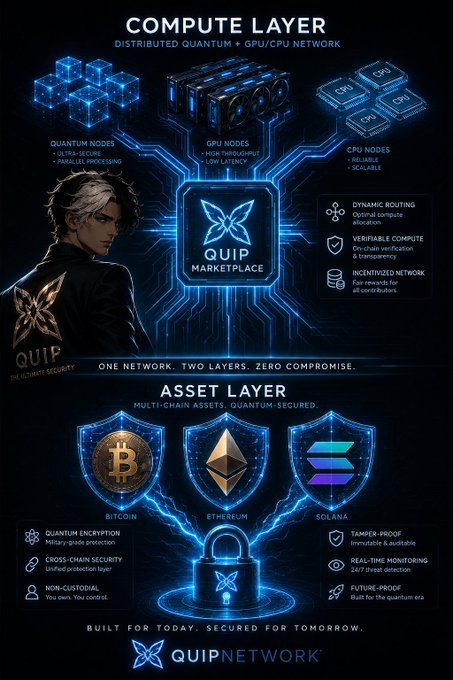 The image is a poster promoting Quip Network, which is an internet-based computing platform that uses quantum computers for computing tasks. The poster features various elements related to the Quip network, such as the main network being built by @quipnetwork (75% of them), and another company named QuipNetworks (70%). One man in a suit is seen working on a butterfly design next to the main network symbol, which represents computing power. The poster also includes some numbers, like '74' and '69', that seem out of place but might be part of the design or information about the platform.