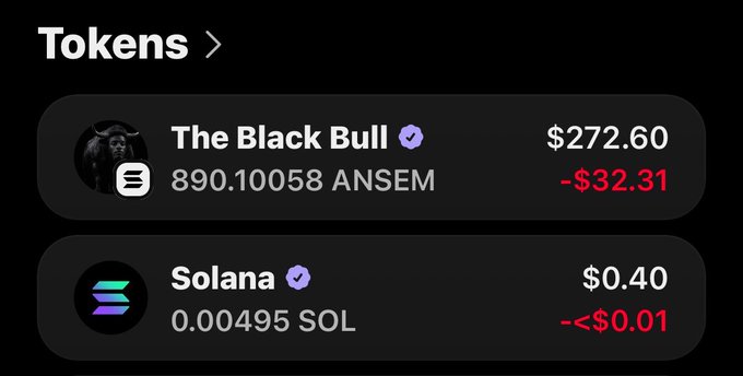 The image shows a crypto portfolio titled "Tokens" displaying two verified assets: "The Black Bull" with 890.10058 ANSEM valued at $272.60 (-$32.31), and Solana with 0.00495 SOL valued at $0.40 (-<$0.01). The modest gains/losses suggest anticipation of an upcoming airdrop payout, aligning with the "Big week = Airdrop week?" caption.