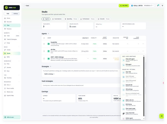 A screenshot of the 'AMA Hub' dashboard interface shows a 'Studio' page with agent listings (Imsofgullible, elb.dip, VRDF-USDC Arbitrage), strategies, vault strategies, and earnings information, with an open AI chat sidebar on the right.