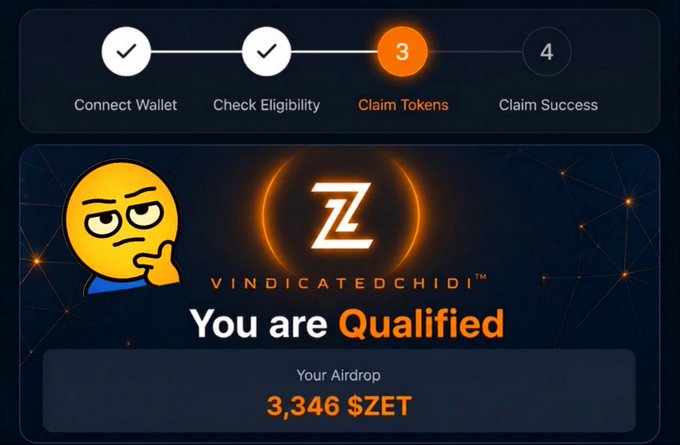 A skeptical thinking emoji appears beside the Vindicated Chidi "$Z" logo, with the platform showing the user is "Qualified" for an airdrop of 3,346 $ZET—suggesting the community's doubt about Zetarium's delayed TGE despite claims of eligibility.