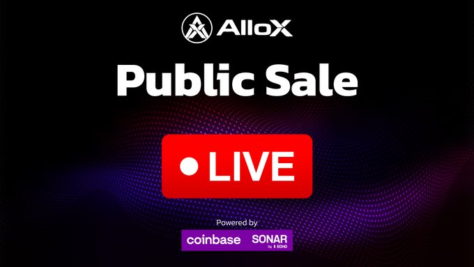 A promotional graphic reading 'AlloX Public Sale' with a red 'LIVE' button, powered by Coinbase Sonar.