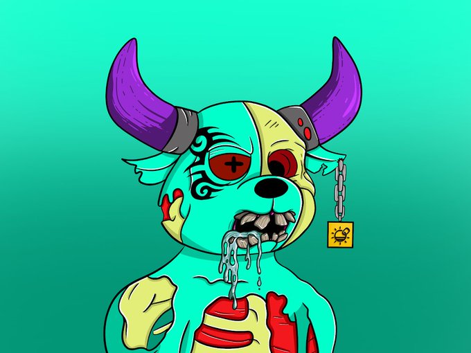 A cartoon illustration of a turquoise zombie-like dog character with purple horns, red eyes, exposed ribs, and dripping drool, set against a teal background.