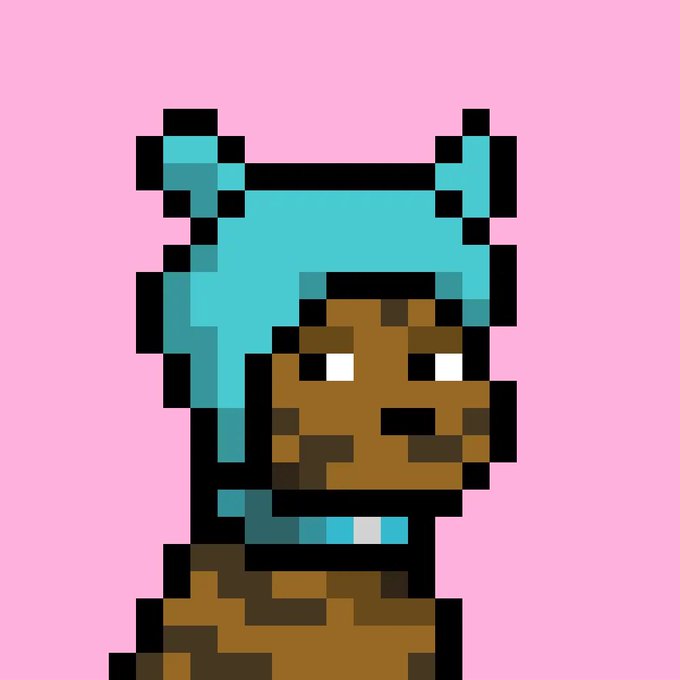A pixel art depiction of a brown-skinned character wearing a cyan helmet and armor against a pink background.