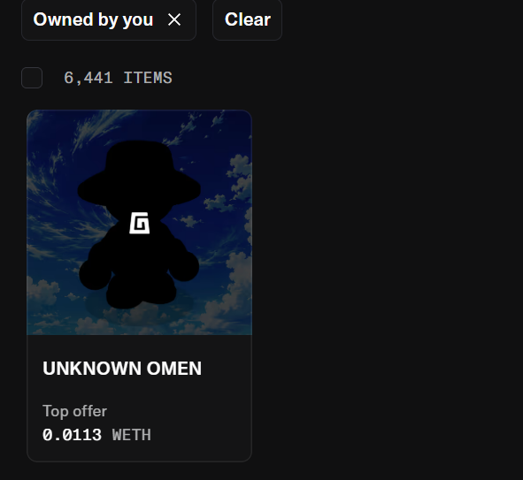 An NFT marketplace listing showing an 'UNKNOWN OMEN' digital collectible (6,441 items filtered by 'Owned by you') with a top offer of 0.0113 WETH, displayed as a silhouetted figure against a cloudy sky.