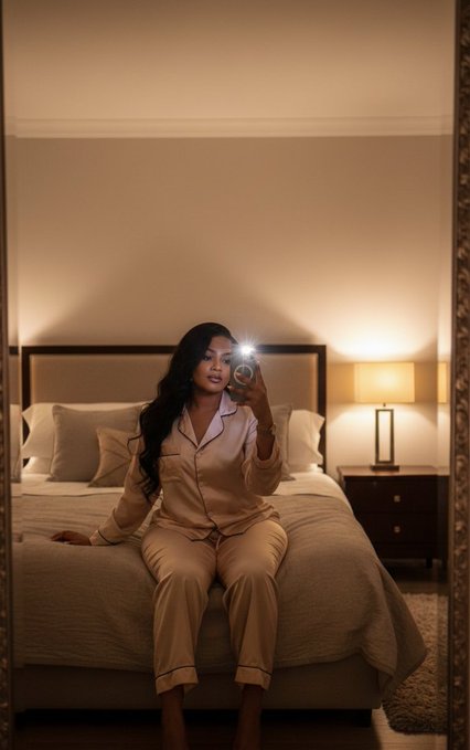 The image shows a woman sitting on a bed with her reflection visible in a mirror. She appears to be taking a selfie or capturing a moment using her phone's camera function. The room has a bed, nightstands, and lamps that create an atmosphere of comfort and relaxation. The photo is taken at night, as indicated by the presence of a lamp on one side of the image.