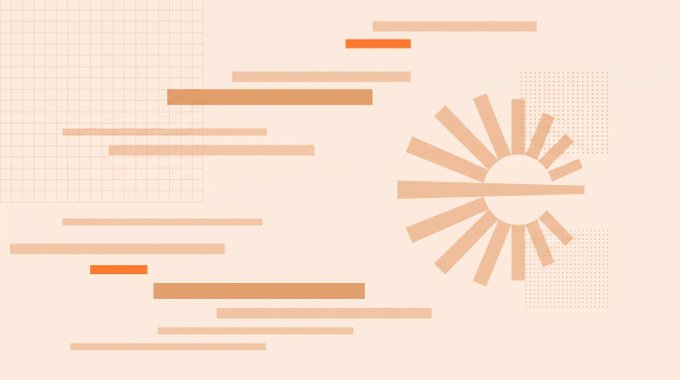An abstract minimalist graphic design featuring horizontal bars, a sun-like circular pattern with radiating lines, and grid patterns in peach and orange tones.