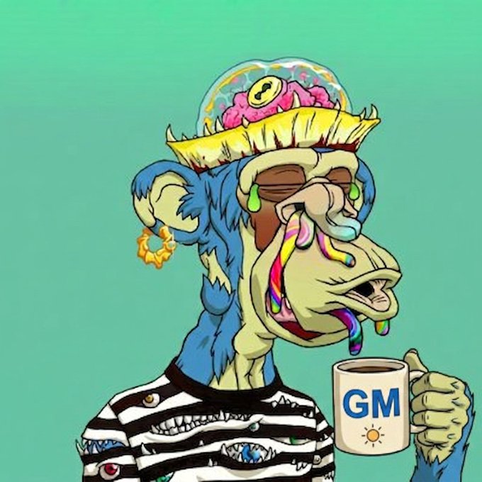 The image features a cartoon monkey wearing a hat with a brain on top of it, holding a coffee cup and a mug while standing against a green background. There are also some words visible in the image that seem to be related to the post "GM Web3 (say it back) start with gratitude, finish with success i focus on @XOOBNetwork | @TheARCTERMINAL | @useTria | @quipnetwork | @NucleusCodes | @sleepagotchi". The monkey appears to be wearing a striped shirt and has a cup in one hand.