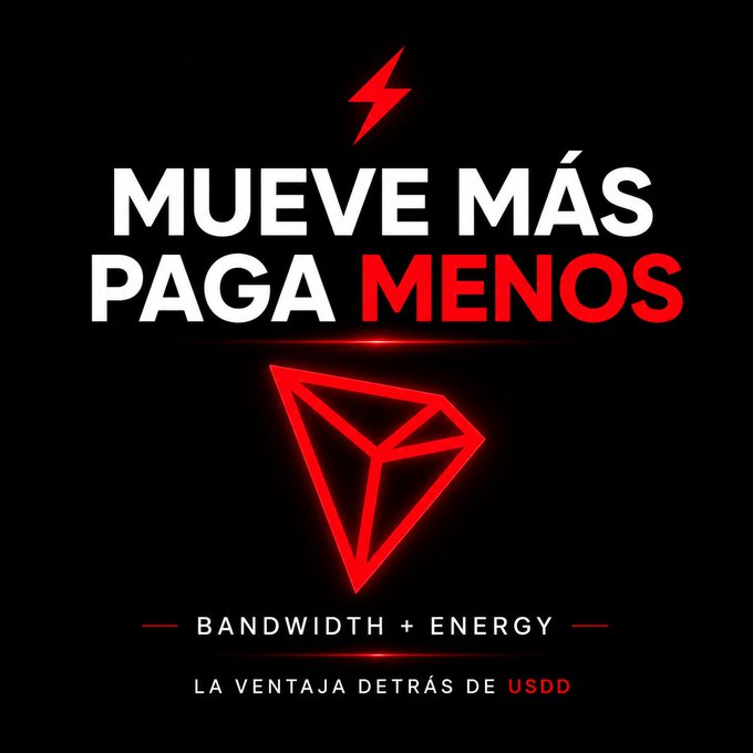 The image features a red triangle with a lightning bolt inside of it, which is accompanied by text that translates to "Mueve Más Paga Menos Bandwidth + Energy". The background of the image is black, making the red triangle stand out prominently. The text and design elements are arranged in such a way that they draw attention to the message being conveyed.