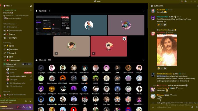 A Discord application interface showing the 'Blokyz Hub' server with various voice channels and members listed, including messages and an NFT minting announcement.