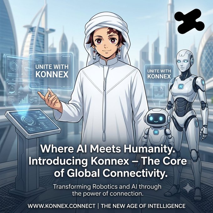 A promotional graphic for 'KONNEX' reading 'Where AI Meets Humanity. Introducing Konnex – The Core of Global Connectivity,' featuring an anime-style character in traditional Arab dress alongside a robot and android, with a black X mark in the corner.
