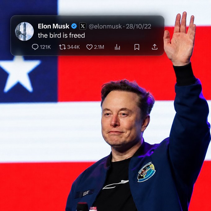 Elon Musk waves in front of an American flag while a screenshot of his October 28, 2022 X post reading "the bird is free" displays above him, symbolizing his $44 billion acquisition of Twitter and the restoration of free speech on the platform.