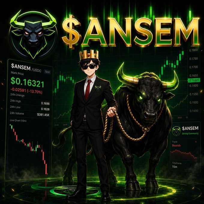 A promotional crypto graphic for '$ANSEM' featuring an anime-style man in a suit and crown holding a black bull on a chain, with trading details showing a mark price of $0.16321 (-13.70%) and a bearish trend on a 15-minute timeframe.