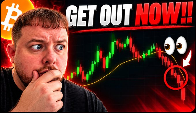 A YouTube thumbnail featuring a shocked man beside a Bitcoin logo and the text 'GET OUT NOW!!' over a stock chart showing a downward trend.