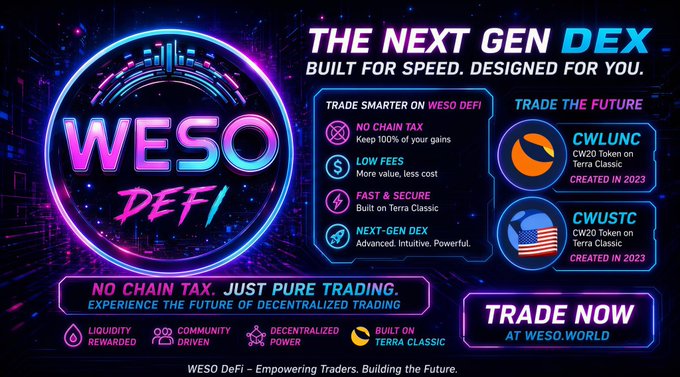 A promotional banner for 'WESO DeFi' advertising a next-gen decentralized exchange on Terra Classic with tokens 'CWLUNC' and 'CWUSTC', featuring 'TRADE NOW AT WESO.WORLD'.