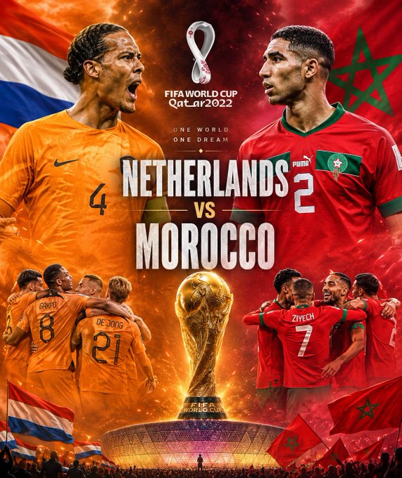 Promotional FIFA World Cup Qatar 2022 graphic showing Netherlands vs Morocco, featuring players including Gakpo (#4), De Jong (#8), and Ziyech (#7), with the World Cup trophy centered and team flags flanking a stadium backdrop. The image supports a giveaway post asking followers to predict the match winner, with text overlay "Netherlands vs Morocco" reinforcing the contest's central matchup.
