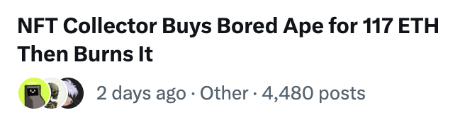 An NFT collector bought a Bored Ape for 117 ETH and then burned (destroyed) the NFT, with the post emphasizing "DYOR. DYOR. DYOR." as a caution to do your own research before making such risky, potentially costly decisions in the volatile NFT market.