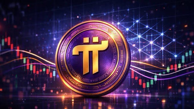 A stylized 3D rendering of a Pi Network (π) cryptocurrency coin in gold and purple, set against a neon-lit backdrop of glowing candlestick charts and digital grids, visually reinforcing the post's message about Pi's transition from digital asset to real-world production utility.