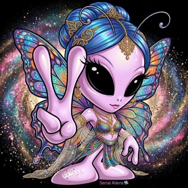 An illustration of a purple alien character with butterfly wings, blue hair styled in a bun with gold accessories, set against a galaxy background, labeled 'Serial Aliens'.