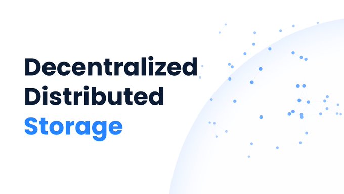 A clean white presentation slide features the text "Decentralized Distributed Storage" in dark blue and light blue, next to a pale blue circular graphic dotted with small squares.
