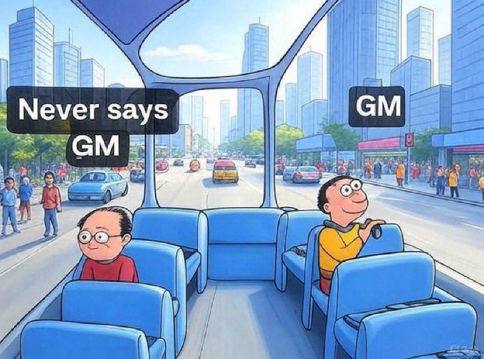 A cartoon illustration inside a bus showing two characters, with text labels reading 'Never says GM' above the sad-looking boy on the left and 'GM' above the smiling man on the right.