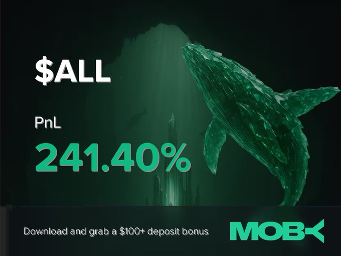 A promotional graphic for Moby features a green whale swimming beneath ocean light, with text announcing "$ALL" and a PnL of "241.40%", alongside a call to download and claim a "$100+ deposit bonus." The image visually reinforces the post's win alert, celebrating the trader's impressive gain while highlighting the platform's deposit incentive.