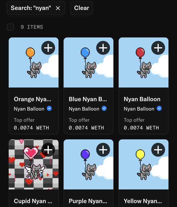 An NFT marketplace search results page for 'nyan' showing 9 items, including Orange, Blue, Red, Purple, Yellow Nyan Balloons, and a Cupid Nyan, each priced at 0.0074 WETH.