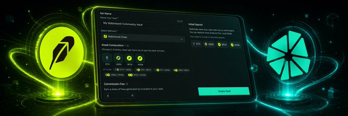 A digital dashboard interface titled 'My Robinhood Community Vault' shows vault name, asset composition with various crypto tokens, and an initial deposit input field, flanked by glowing green and teal circular icons.