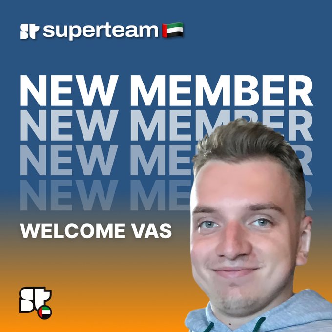 Superteam UAE announcement graphic welcoming a new member named 'Vas,' featuring his photo against a blue and orange gradient background.