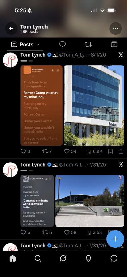 Screenshot of Tom Lynch's X (Twitter) profile showing his posts with lyrics from Forrest Gump and "**'Cause no one in the world knows me better**" displayed alongside photos of Etched and NVIDIA buildings, dated 8/1/26 and 7/31/26 respectively, illustrating his visits to these AI/tech companies mentioned in the accompanying post about $TAO and @actualinc developments.