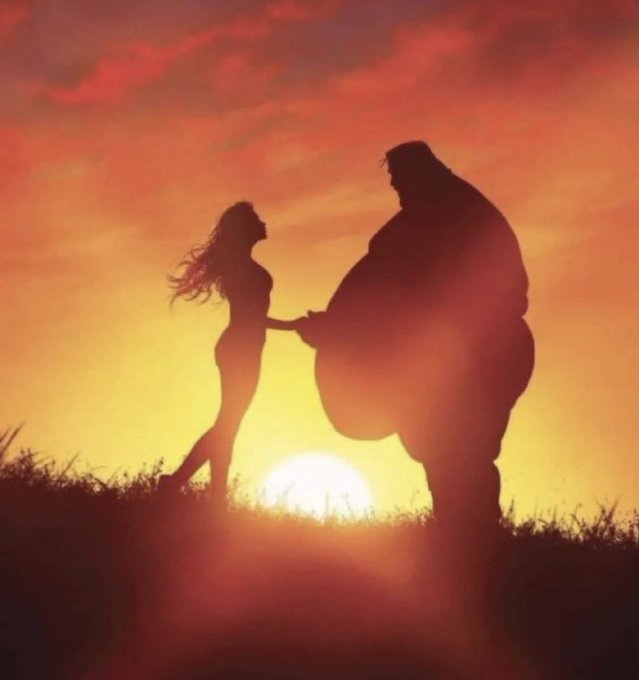 A silhouette of a young woman and a large gorilla-like figure holding hands against a vivid orange and yellow sunset.