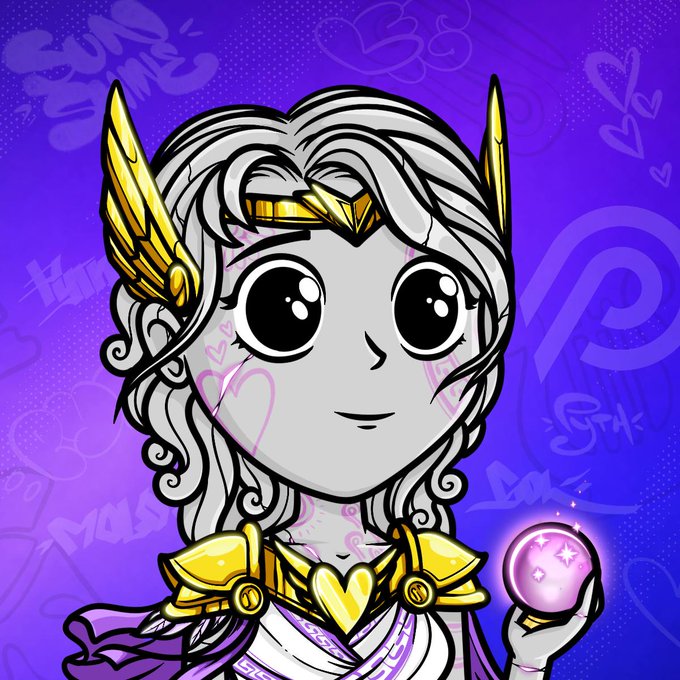 A cartoon-style chibi character with large expressive eyes, wearing a golden winged helmet and armor, holding a glowing pink orb against a purple background with heart designs.
