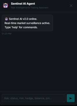 The image shows a screen displaying a chat window from Sentinel AI Agent about a project called "Sentinel AI v2.0 online, real-time market surveillance active. Type 'help for commands.'". The chat window provides information on how this project functions and its purpose in helping traders with real-time intelligence and trading assistance through an automated system.