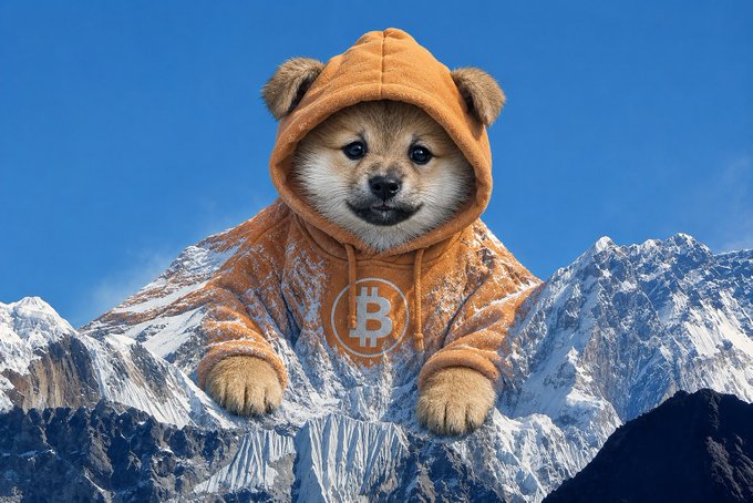 A Shiba Inu dog wearing an orange bear hoodie with a Bitcoin logo, set against a snowy mountain landscape.