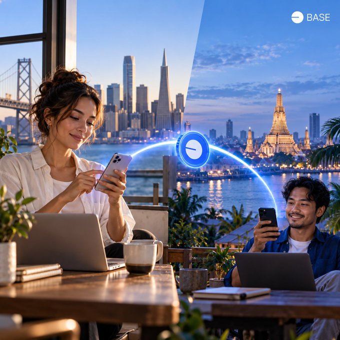 A Base cryptocurrency promotional image showing a woman in San Francisco and a man in Bangkok connected by a glowing BASE token arc, with the BASE logo in the top right.