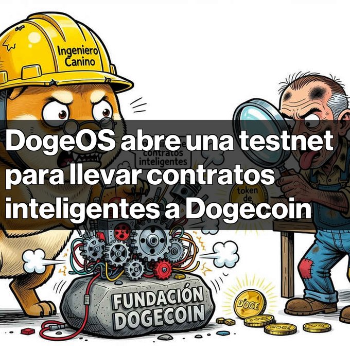 A cartoon illustration shows a dog in a hard hat labeled 'Ingeniero Canino' alongside a human figure, with text overlay reading 'DogeOS abre una testnet para llevar contratos inteligentes a Dogecoin' and 'FUNDACIÓN DOGECO'.