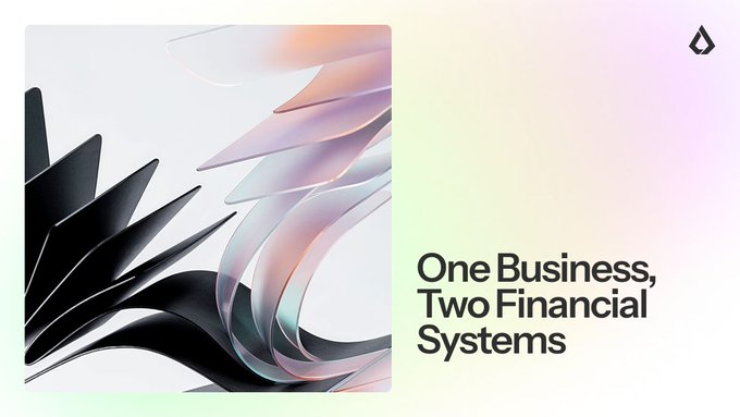The image features an advertisement with a white background featuring black and pink shapes that resemble a bird's wings or a flower. The text "One business, two financial systems" is written above the shapes, and the phrase "For businesses operating on the ground in 2026", which translates to "In 2026", is written below the shapes.
