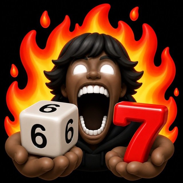 A 3D-rendered cartoon character with glowing white eyes screaming wildly while holding a white die showing three 6s and a large red 3D number 7, surrounded by flames.