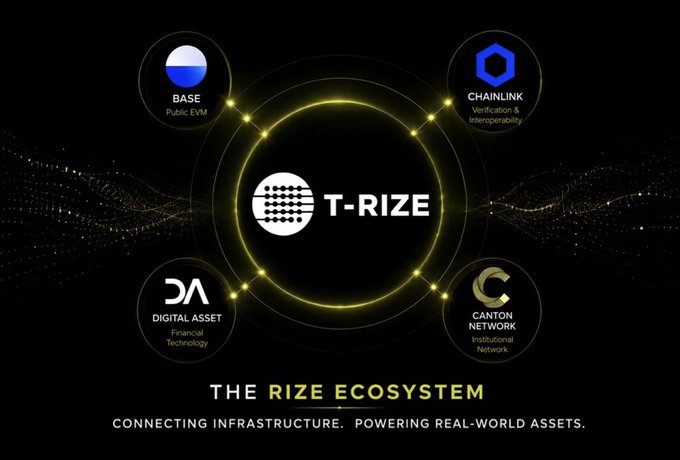 A diagram titled "THE RIZE ECOSYSTEM - CONNECTING INFRASTRUCTURE. POWERING REAL-WORLD ASSETS." showing T-RIZE in the center connected to BASE (Public EVM), CHAINLINK (Verification & Interoperability), DIGITAL ASSET (Financial Technology), and CANTON NETWORK (Institutional Network).