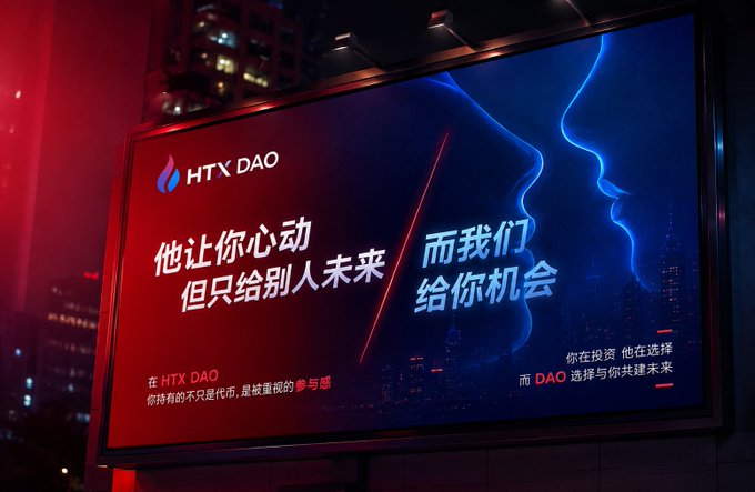 An advertisement for HTX DAO is displayed on a large digital billboard featuring two stylized blue profile silhouettes facing each other against a cityscape backdrop, with Chinese text reading "他让你心动但只给别人未来" (He makes your heart race but only gives others the future) on the left and "而我们给你机会" (While we give you opportunities) on the right. The ad visually reinforces the message's theme by promoting DAO collective opportunity over fleeting individual excitement, echoing the slogan about co-creating the future together as DAO members rather than chasing brief thrills.