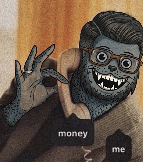 A stylized illustration of a grinning, werewolf-like man with glasses reaching out his hand, labeled 'money', toward a small silhouette figure labeled 'me'.