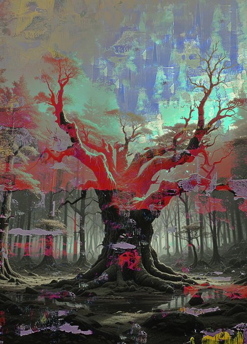 A digital painting of a large tree with a vibrant red and cyan canopy, standing in a misty forest with its reflection in water below.