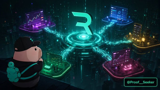 A cartoon bear character observes a futuristic digital hub featuring a glowing teal "R" logo at the center, surrounded by four colorful floating platforms displaying trading charts and interfaces, with "@Proof_Seeker" labeled in the corner. The image visually represents the Reya ecosystem concept of "Builder Codes," showing how various third-party products, UIs, and trading experiences can connect to the central platform.